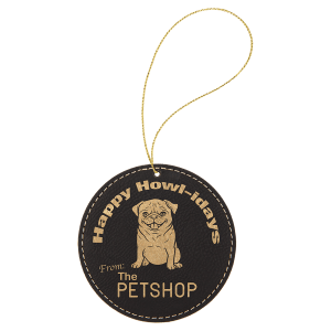 Black/Gold Laserable Leatherette Round Ornament with Gold String - GFT1093 - Austin Print Co.