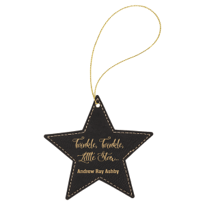 Black/Gold Laserable Leatherette Star Ornament with Gold String - GFT1063 - Austin Print Co.