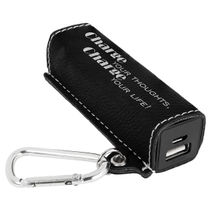 Black/Silver Laserable Leatherette 2200 mAh Power Bank with USB Cord - GFT1142 - JDS