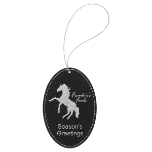 Black/Silver Laserable Leatherette Oval Ornament with Silver String - GFT1082 - Austin Print Co.