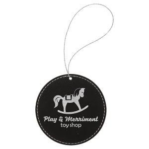 Black/Silver Laserable Leatherette Round Ornament with Silver String - GFT1097 - Austin Print Co.