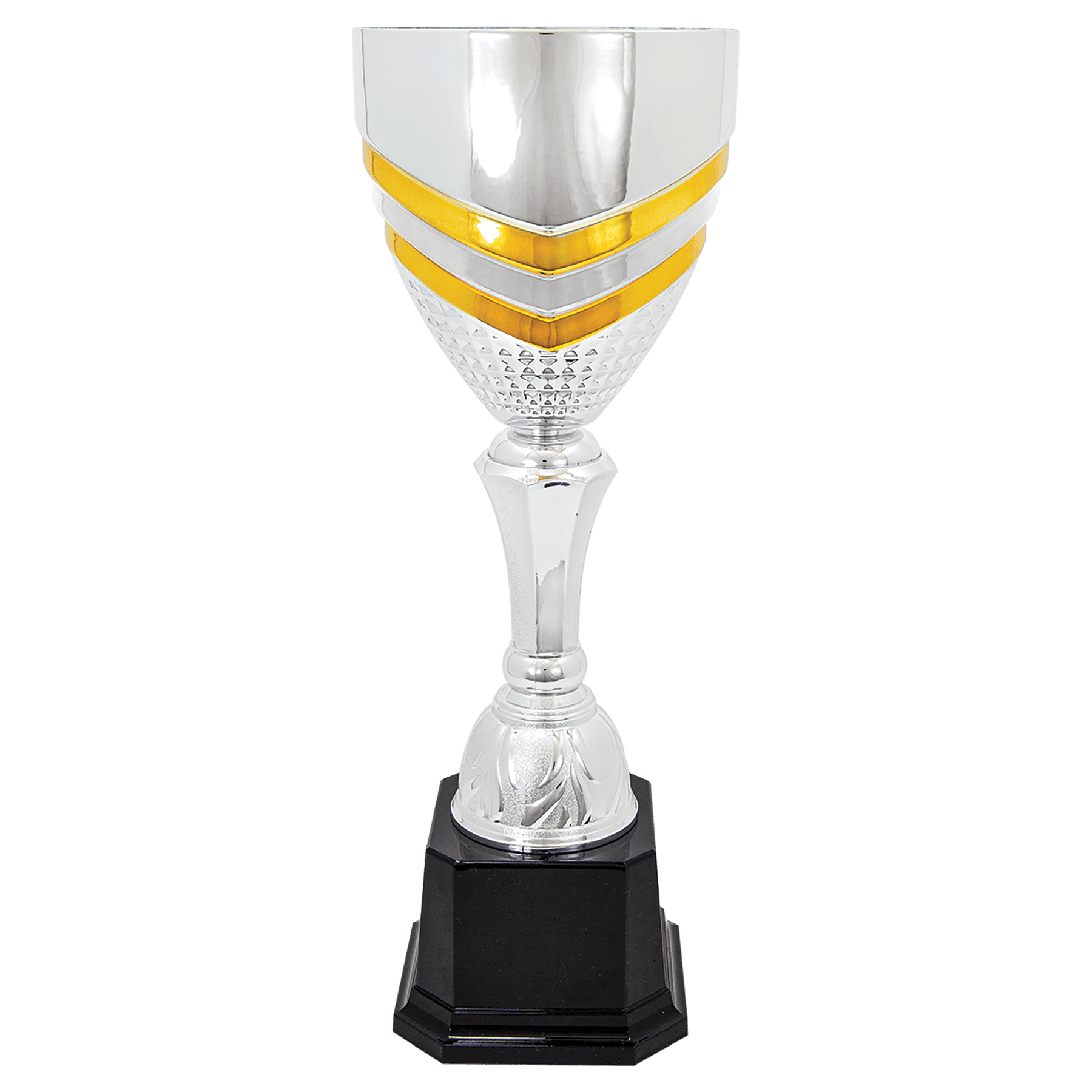 Completed Gold Striped Metal Cup Trophy on Plastic Base - JDS
