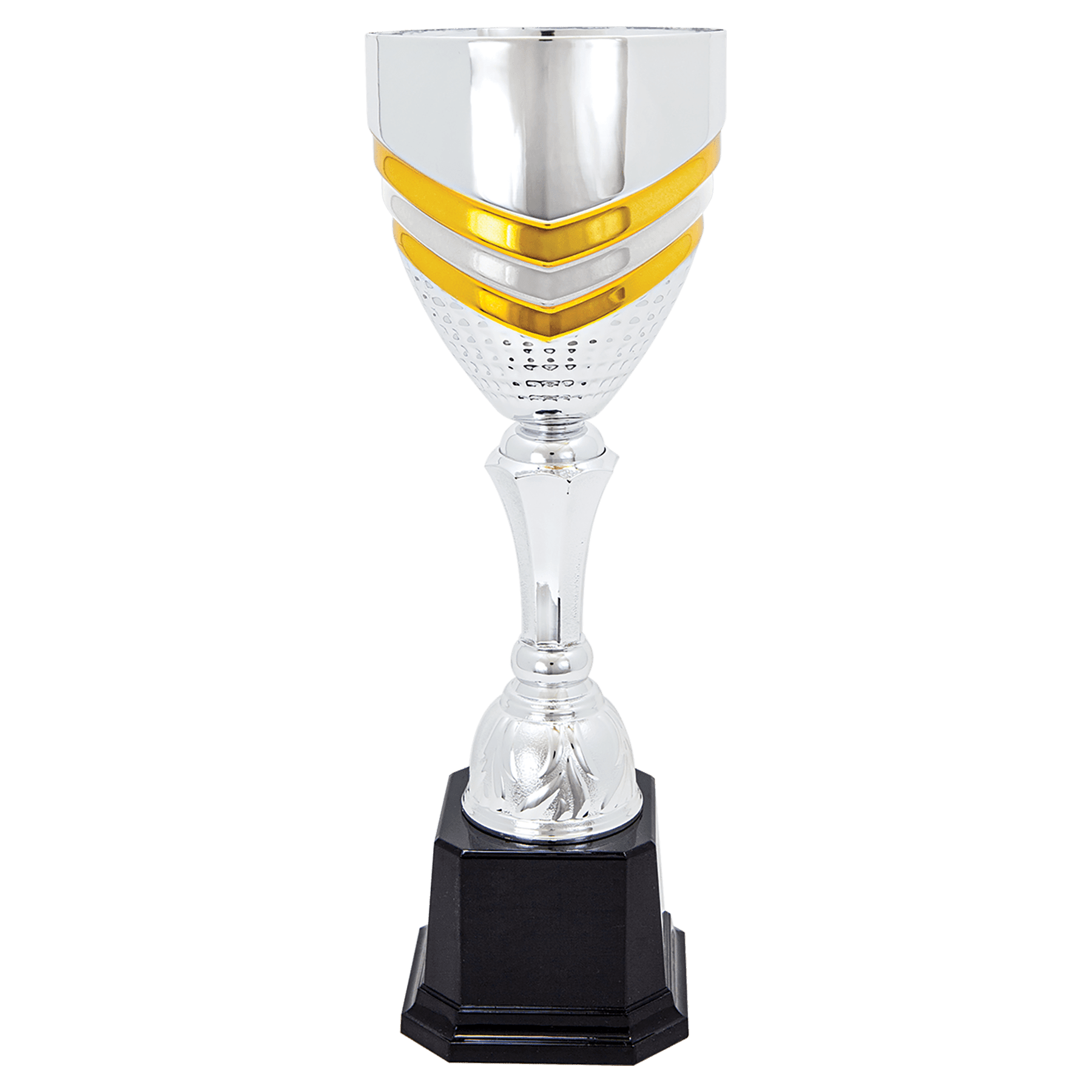 Completed Gold Striped Metal Cup Trophy on Plastic Base - JDS