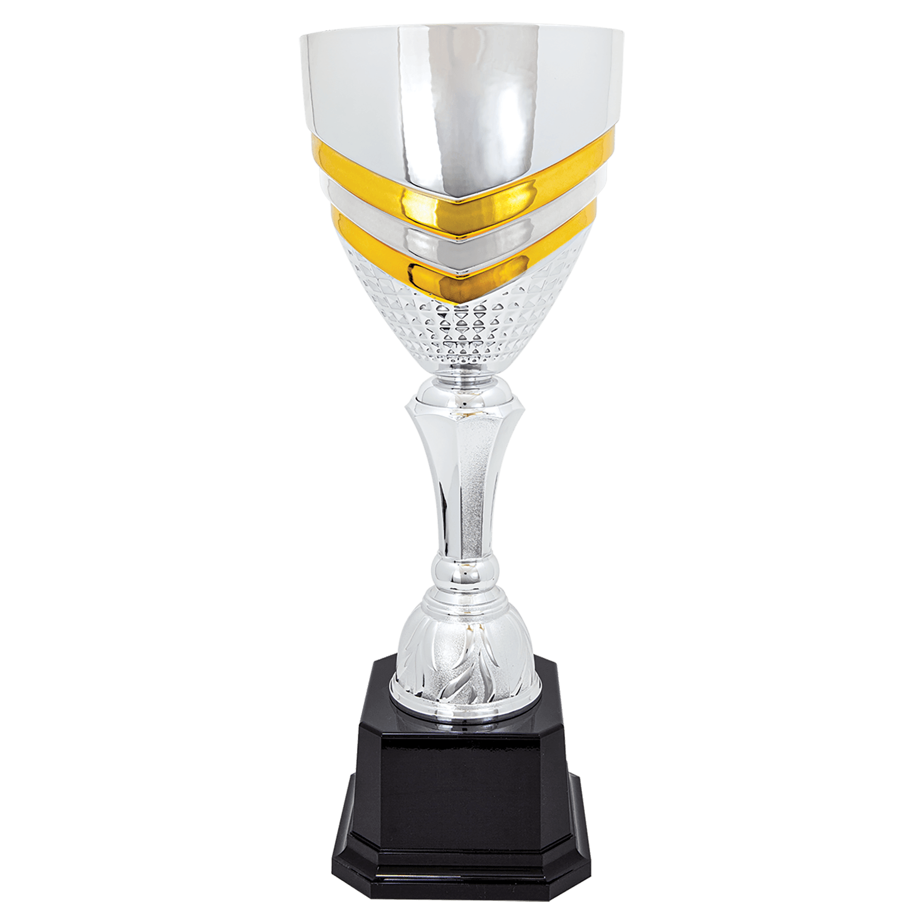 Completed Gold Striped Metal Cup Trophy on Plastic Base - JDS