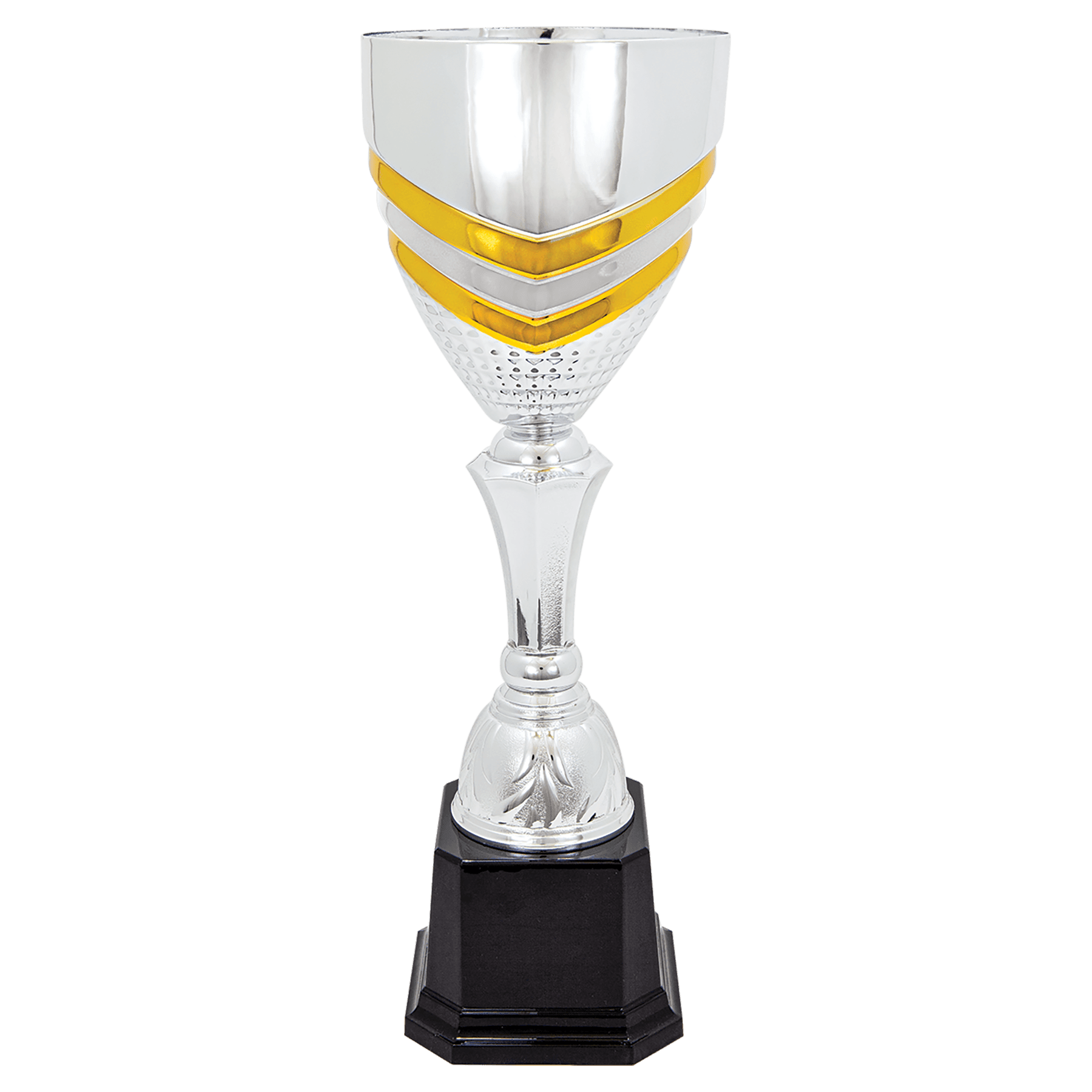 Completed Gold Striped Metal Cup Trophy on Plastic Base - JDS