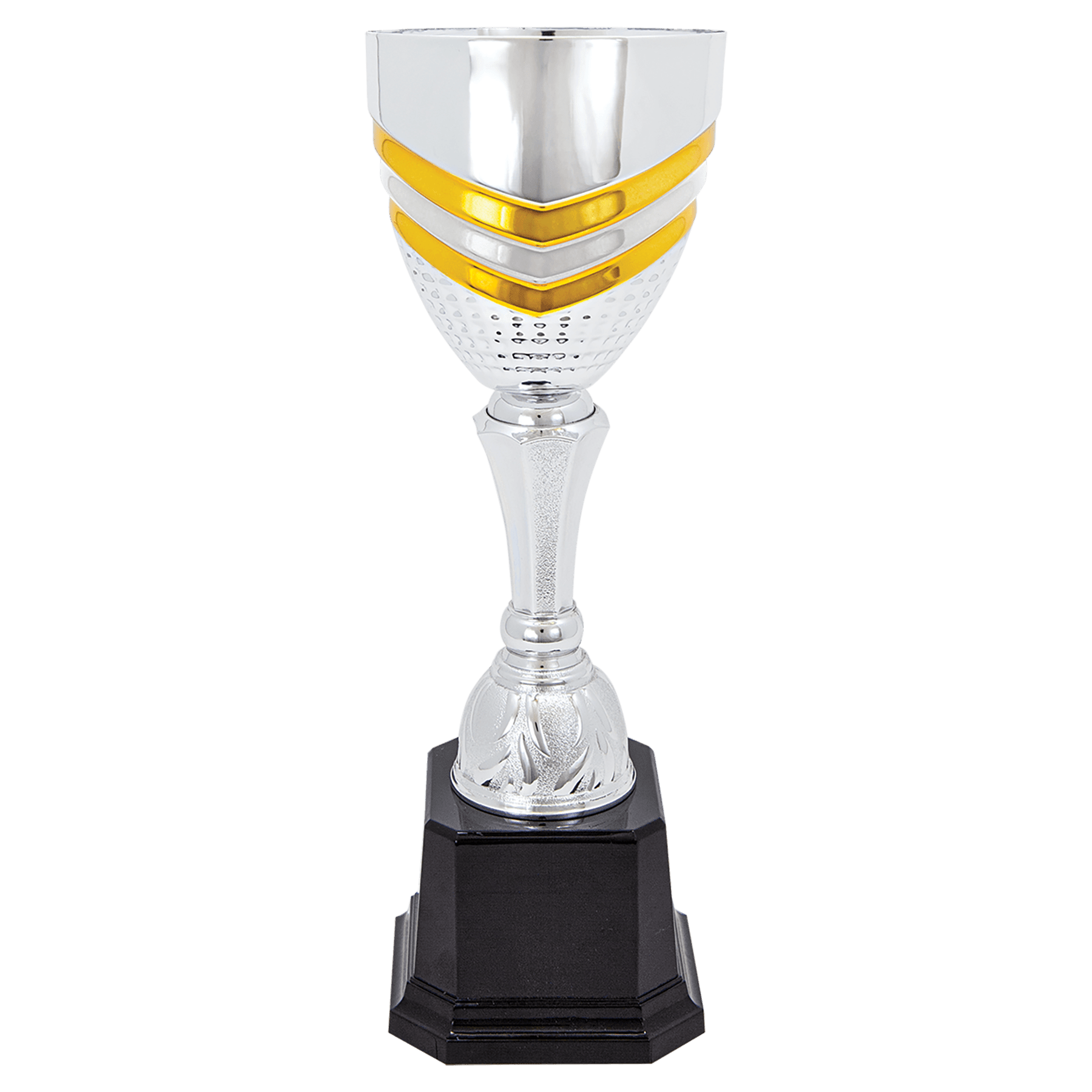 Completed Gold Striped Metal Cup Trophy on Plastic Base - JDS