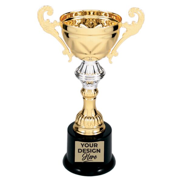 Custom Engraved Gold Completed Metal Cup Trophy on Plastic Base 8.75" - Austin Print Co.