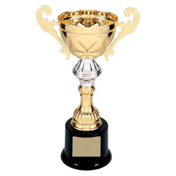 Custom Engraved Gold Completed Metal Cup Trophy on Plastic Base 8.75" - Austin Print Co.