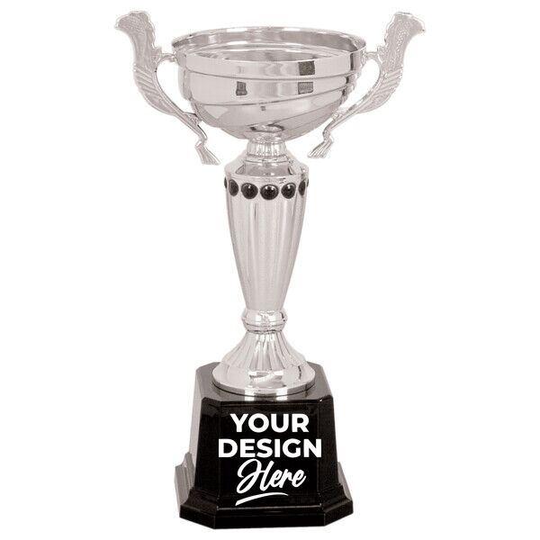 Custom Engraved Silver Completed Metal Cup Trophy on Plastic Base 10" - Austin Print Co.