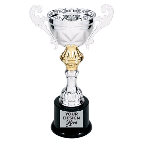 Custom Engraved Silver Completed Metal Cup Trophy on Plastic Base 8.75" - Austin Print Co.