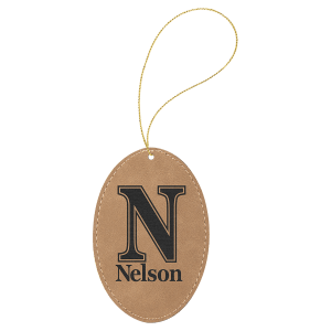 Light Brown Laserable Leatherette Oval Ornament with Gold String - GFT1076 - Austin Print Co.