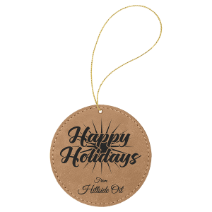 Light Brown Laserable Leatherette Round Ornament with Gold String - GFT1091 - Austin Print Co.