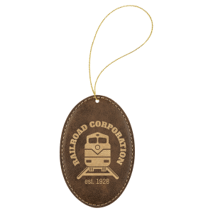 Rustic/Gold Laserable Leatherette Oval Ornament with Gold String - GFT1083 - Austin Print Co.