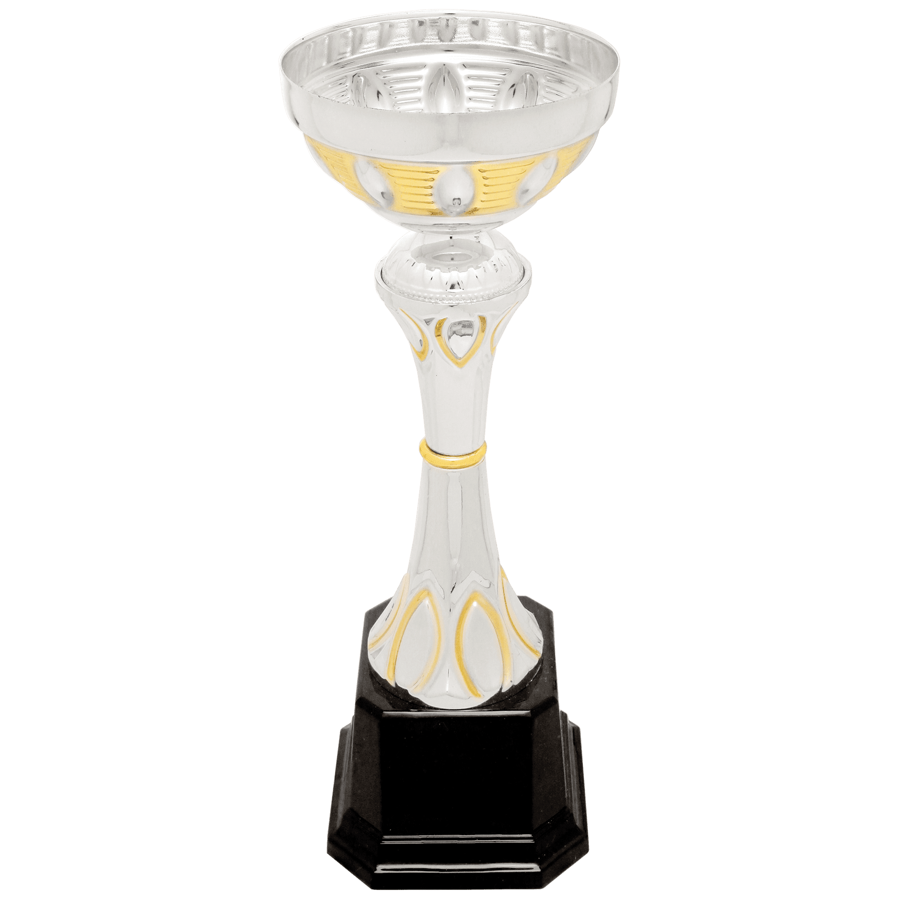 Silver Petal Style Gold Detail Completed Metal Cup Trophy on Plastic Base - JDS